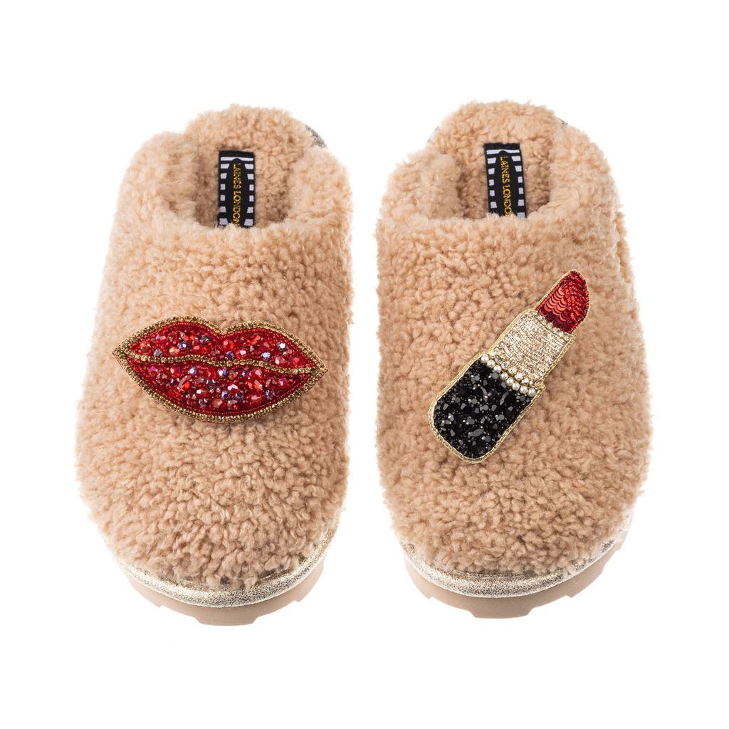 Women's Brown Teddy Towelling Closed Toe Slippers Red With Pucker Up Brooches - Toffee Small LAINES LONDON