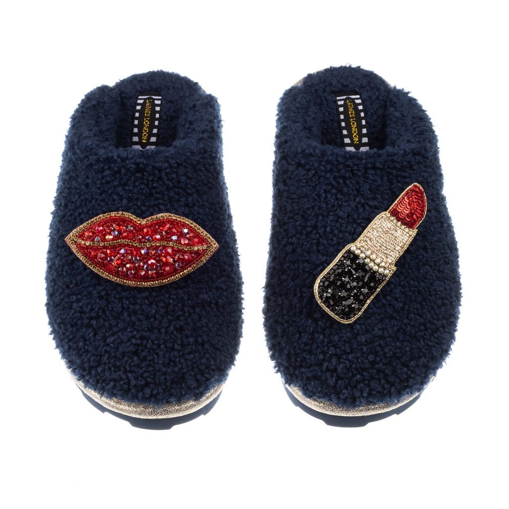Women's Blue Teddy Towelling Closed Toe Slippers With Red Pucker Up Brooches - Navy Small LAINES LONDON