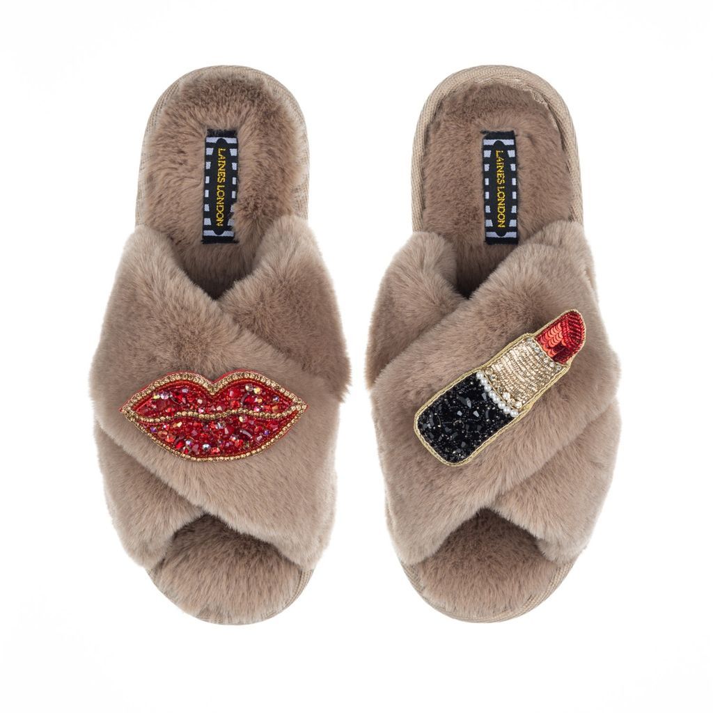 Women's Brown Classic Laines Slippers With Artisan Red Pucker Up Brooches - Toffee Large LAINES LONDON