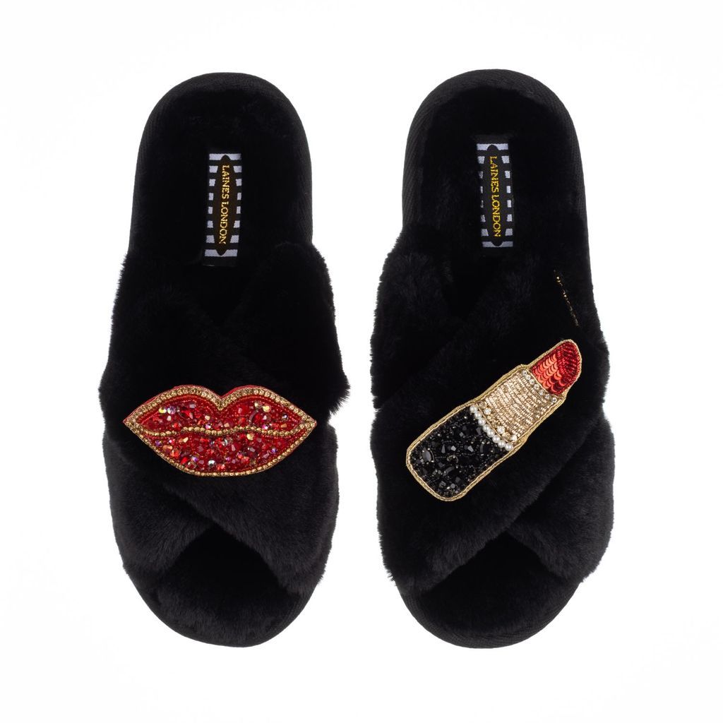 Women's Classic Laines Slippers With Artisan Red Pucker Up Brooches - Black Small LAINES LONDON