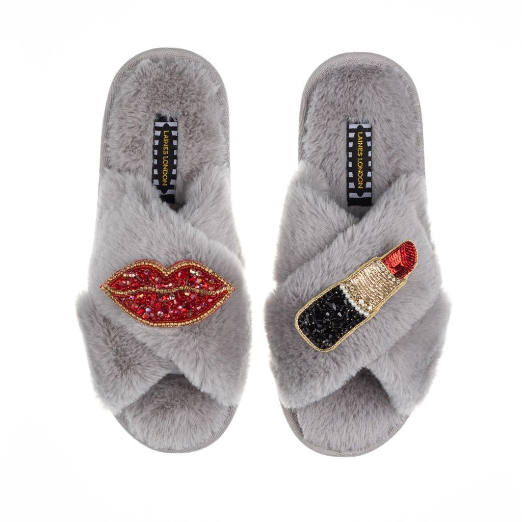 Women's Classic Laines Slippers With Artisan Red Pucker Up Brooches - Grey Small LAINES LONDON