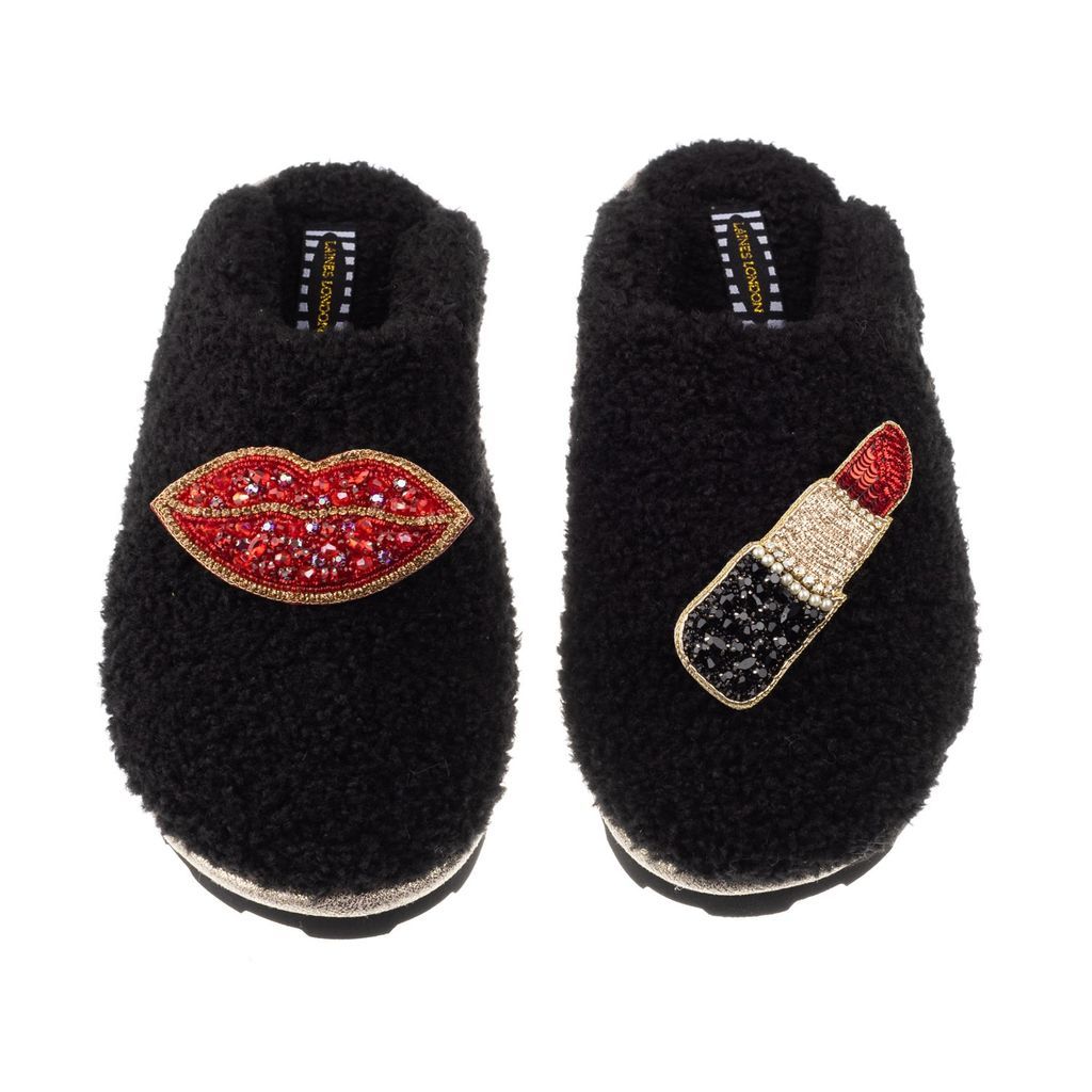 Women's Teddy Towelling Closed Toe Slippers With Red Pucker Up Brooches - Black Small LAINES LONDON