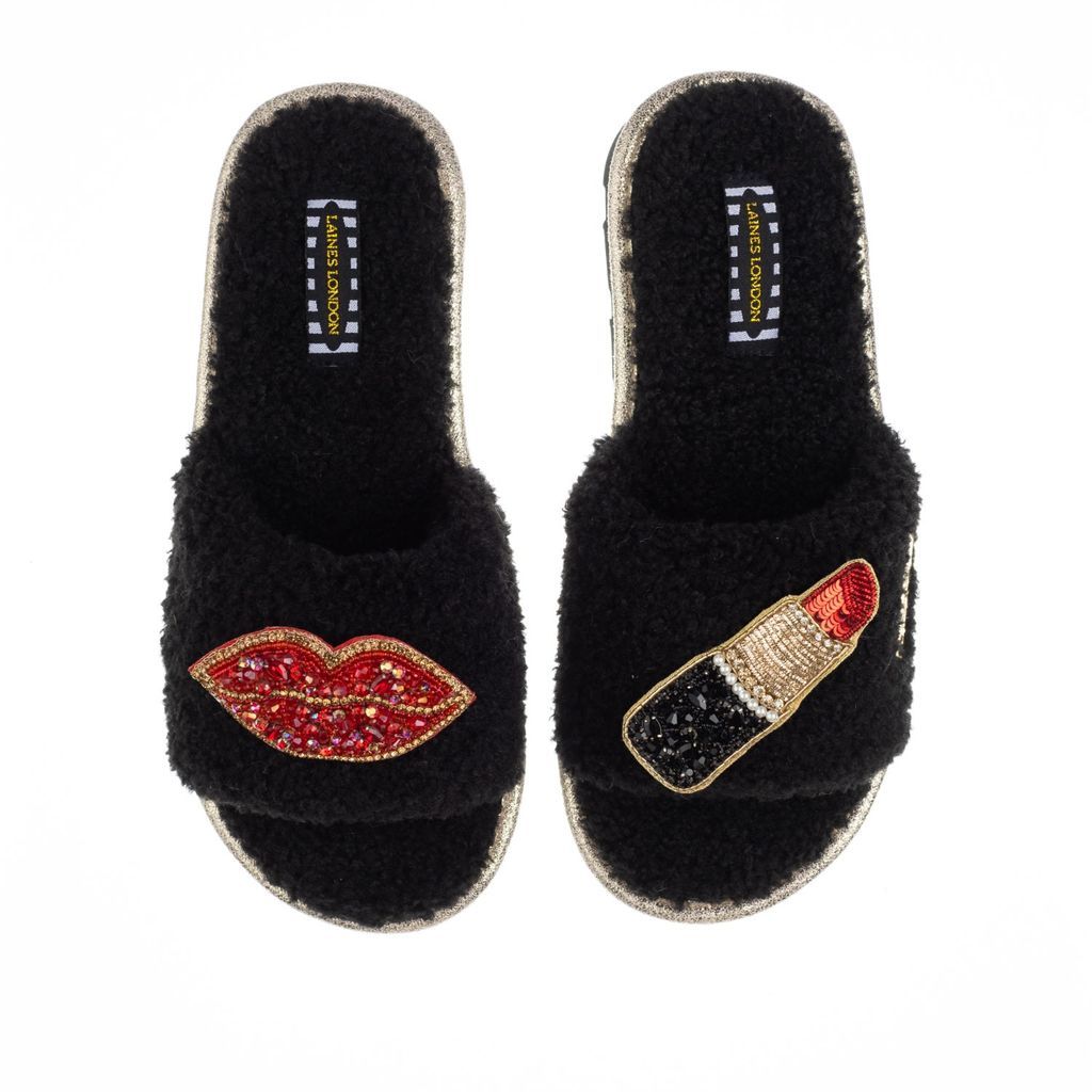 Women's Teddy Towelling Slipper Sliders With Artisan Red Pucker Up Brooches - Black Small LAINES LONDON