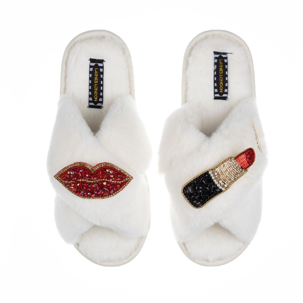 Women's White Classic Laines Slippers With Artisan Red Pucker Up Brooches - Cream Small LAINES LONDON