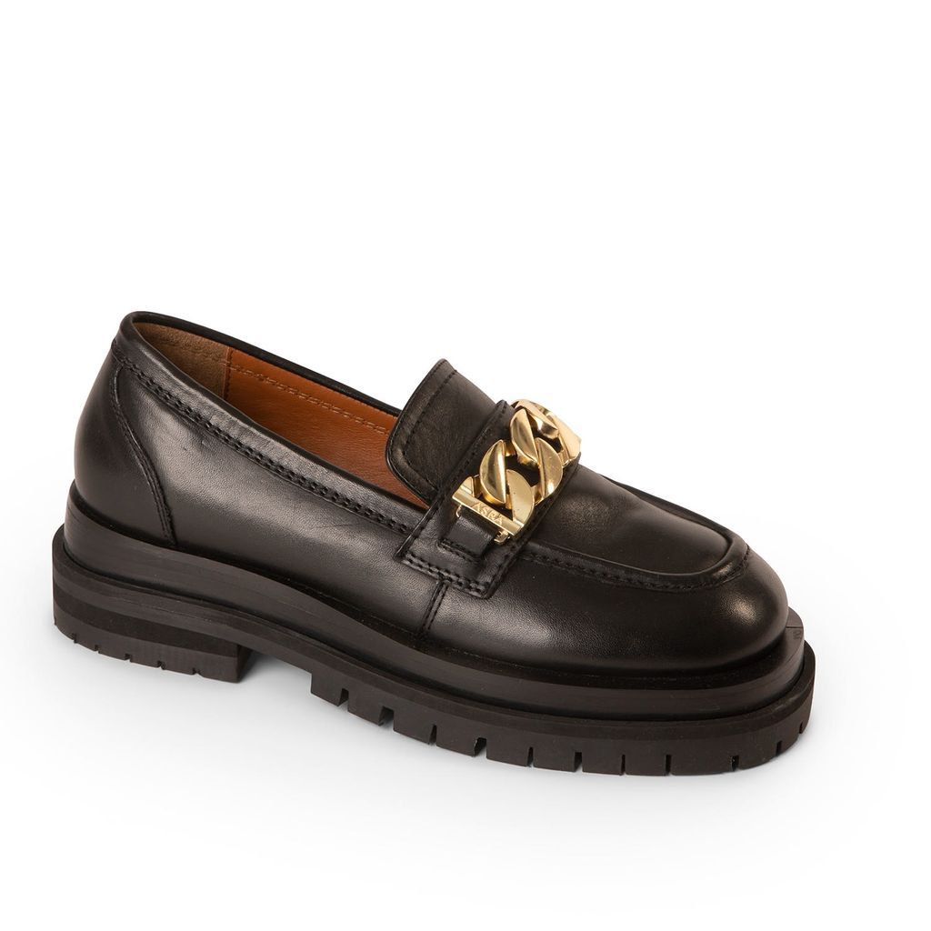 Women's Feijoa Black Leather Loafer With Gold Chain 7 Uk ASRA