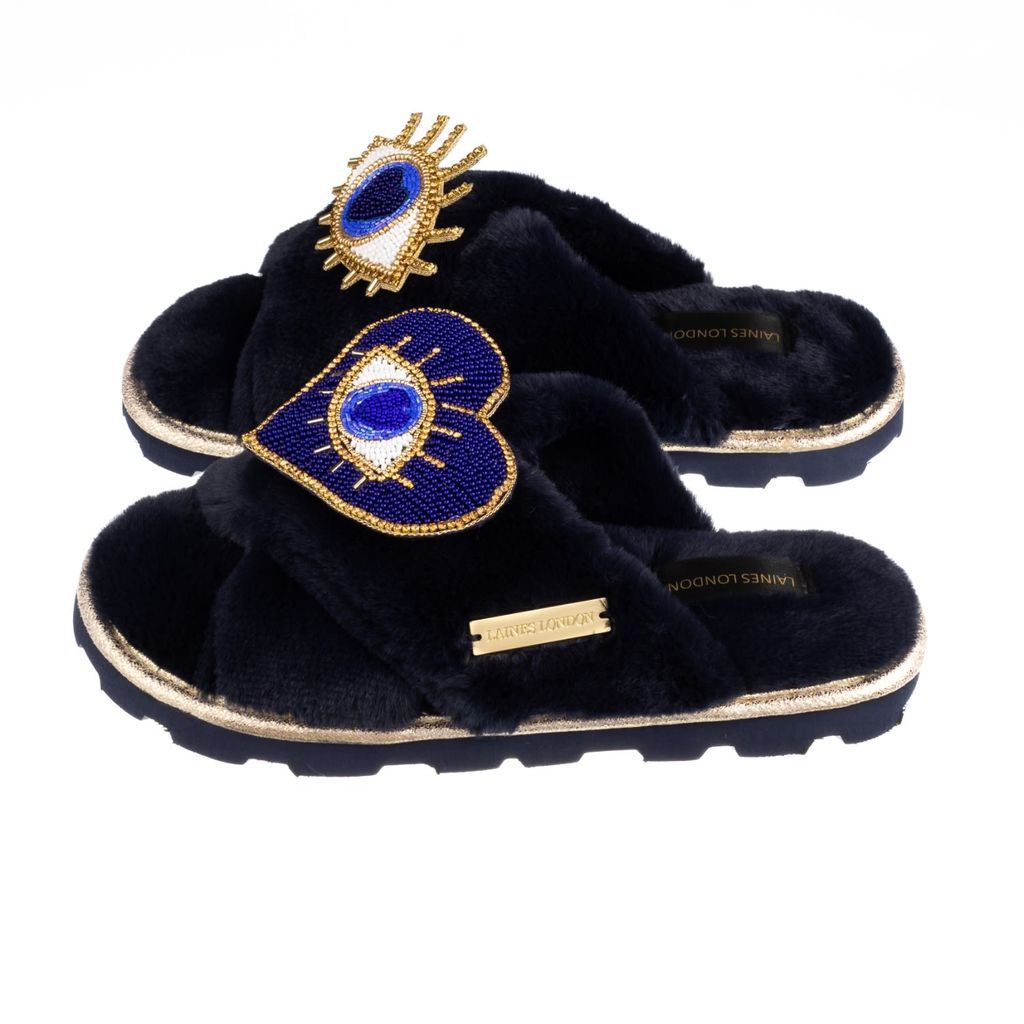 Women's Ultralight Chic Laines Slipper Slider With Artisan Double Blue Eye Brooches - Navy Large LAINES LONDON