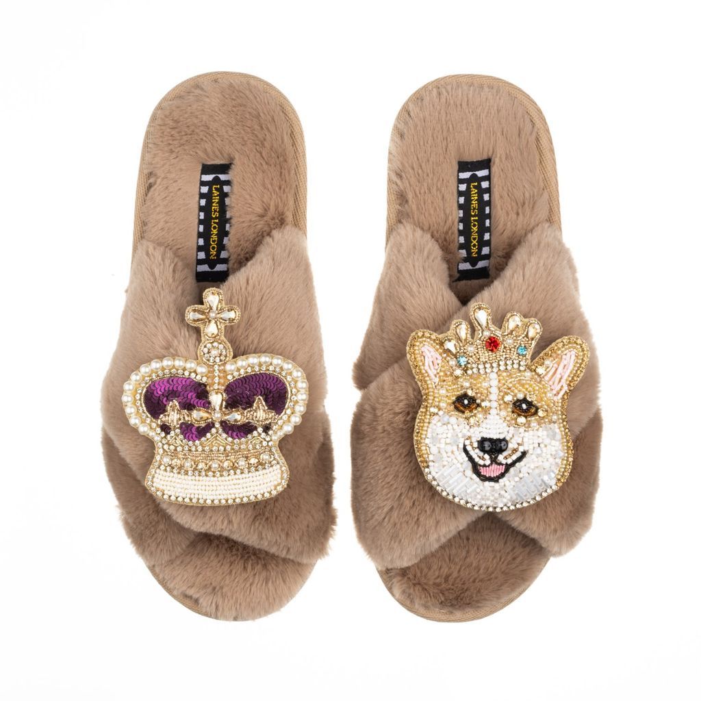 Women's Brown Classic Laines Slippers With Artisan Sandy The Corgi & Royal Crown Brooches - Toffee Large LAINES LONDON