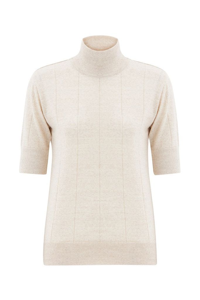 Women's White High Neck Short Sleeve Knitwear Fine Blouse - Ecru Melange Small Peraluna