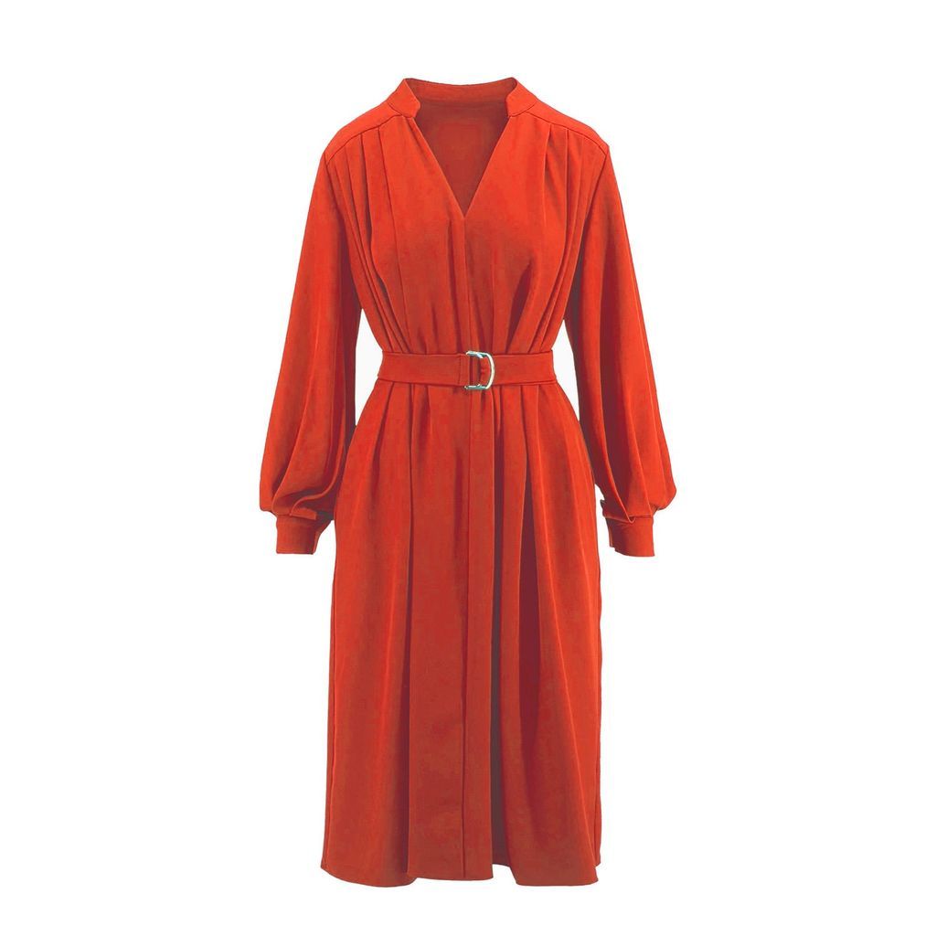 Women's Coral Red Dress With Pleats Small BLUZAT