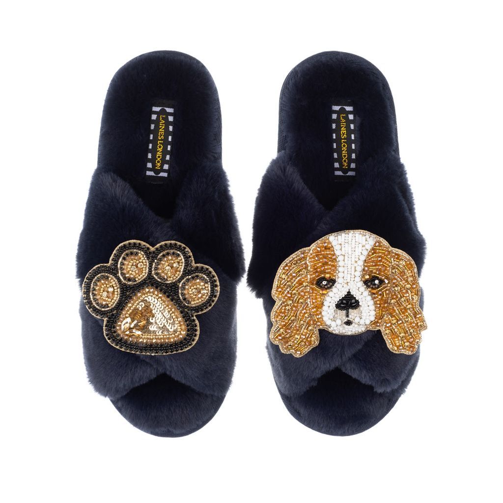 Blue Classic Laines Slippers With Lady Spaniel & Paw Brooches - Navy Small LAINES LONDON