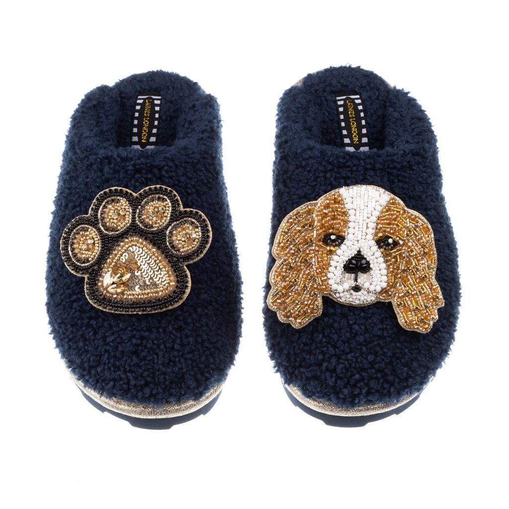 Blue Teddy Towelling Closed Toe Slippers With Lady Spaniel & Paw Brooches - Navy Small LAINES LONDON