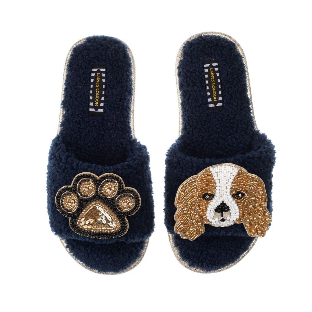 Blue Teddy Towelling Slipper Sliders With Lady Spaniel & Paw Brooches - Navy Small LAINES LONDON