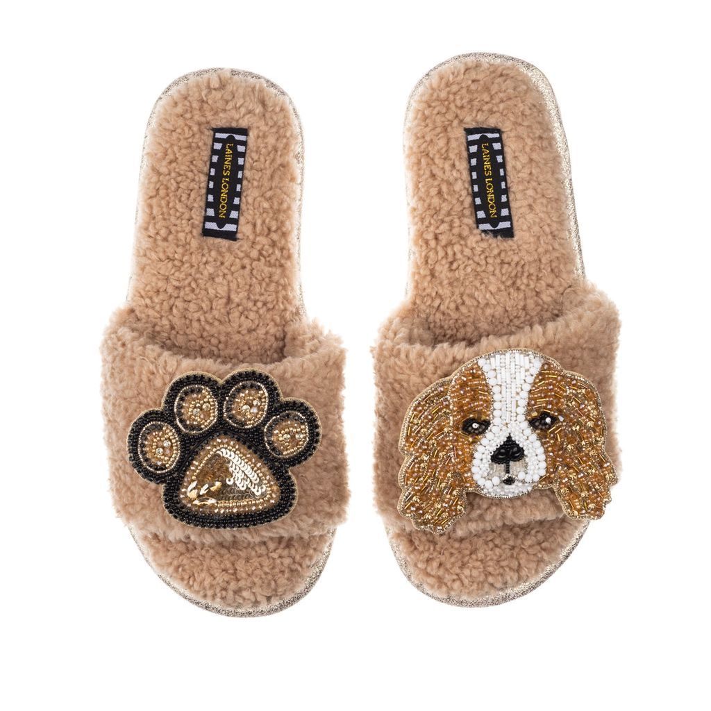 Brown Teddy Towelling Slipper Sliders With Lady Spaniel & Paw Brooches - Toffee Small LAINES LONDON