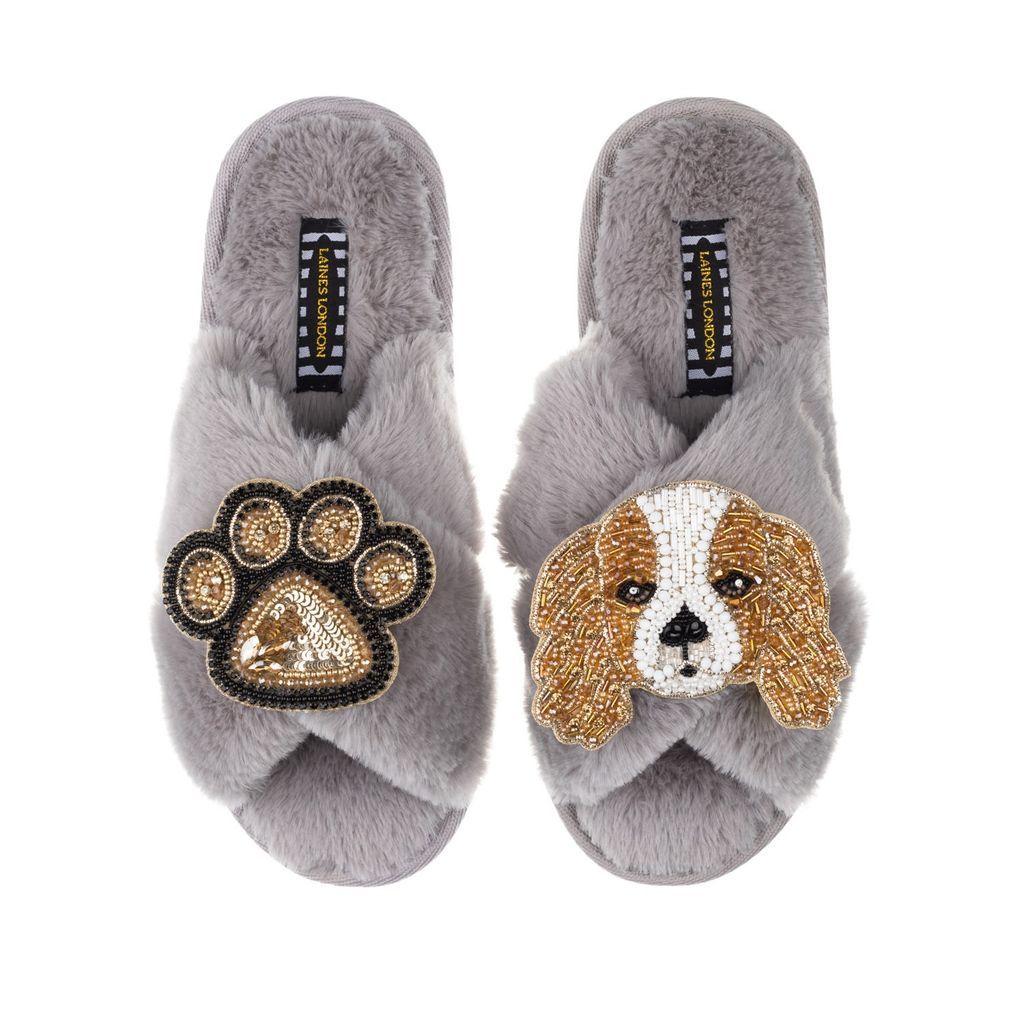 Classic Laines Slippers With Lady Spaniel & Paw Brooches - Grey Small LAINES LONDON