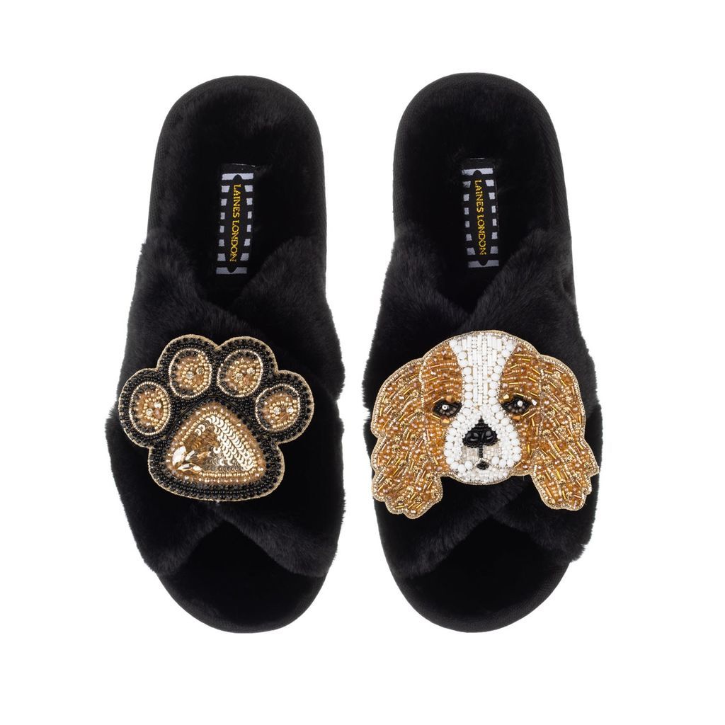 Classic Laines Slippers With Lady Spaniel & Paw Brooches - Black Small LAINES LONDON