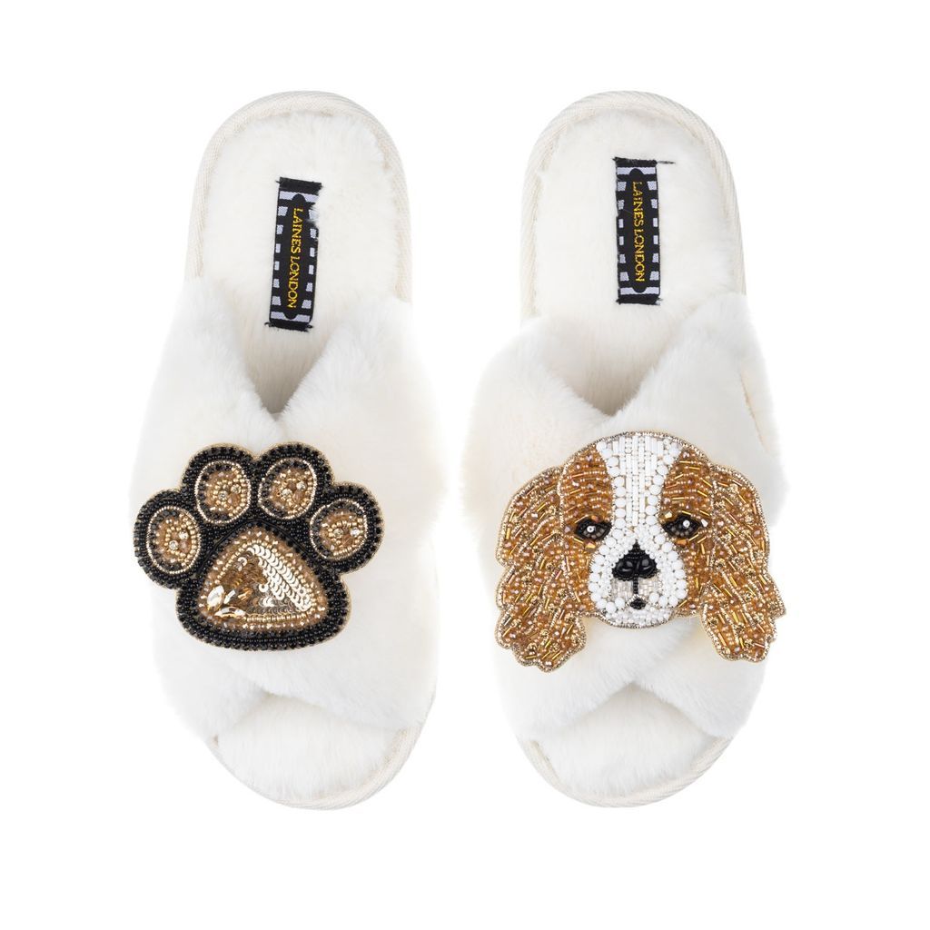 Neutrals Classic Laines Slippers With Lady Spaniel & Paw Brooches - Cream Small LAINES LONDON