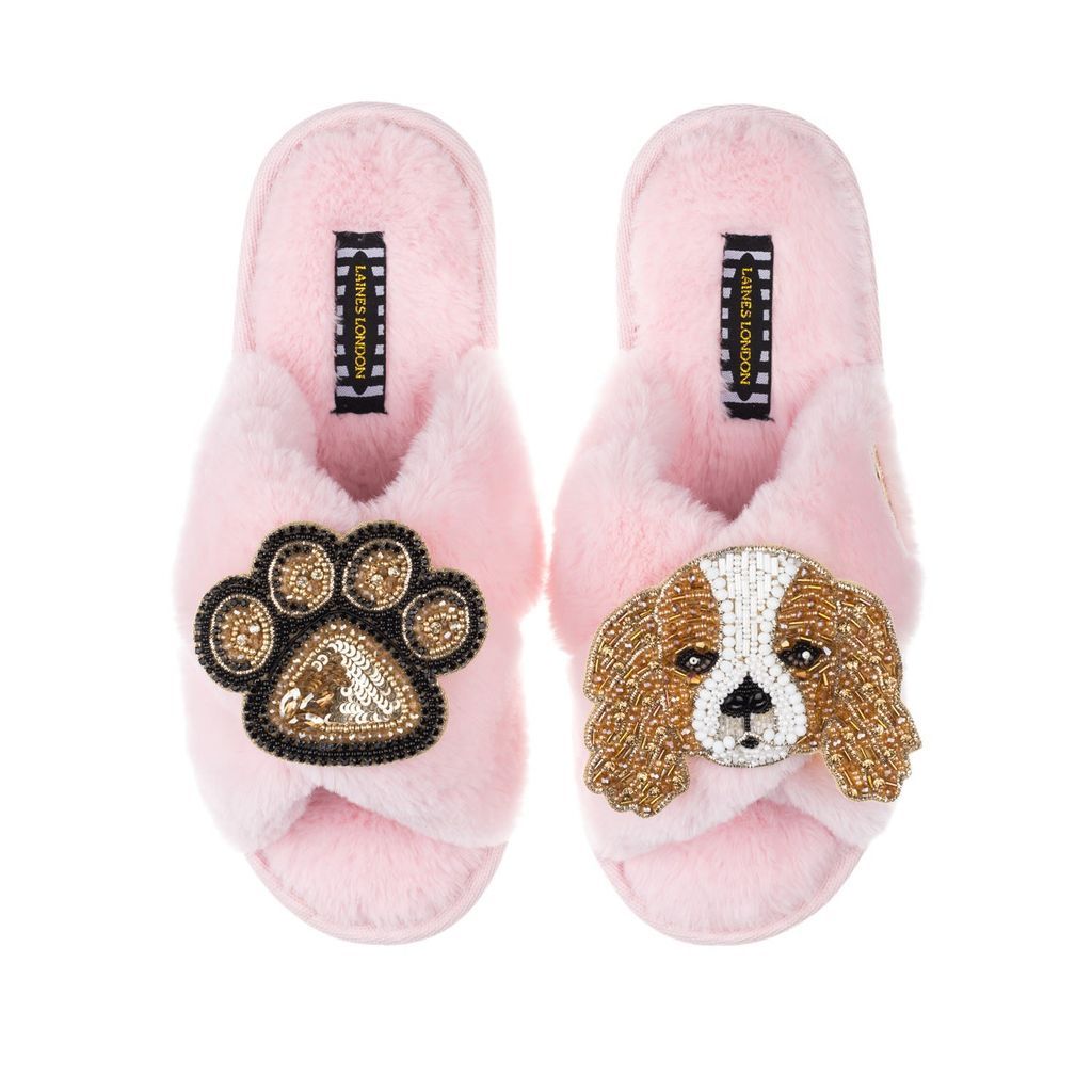 Pink / Purple Classic Laines Slippers With Lady Spaniel & Paw Brooches - Pink Small LAINES LONDON