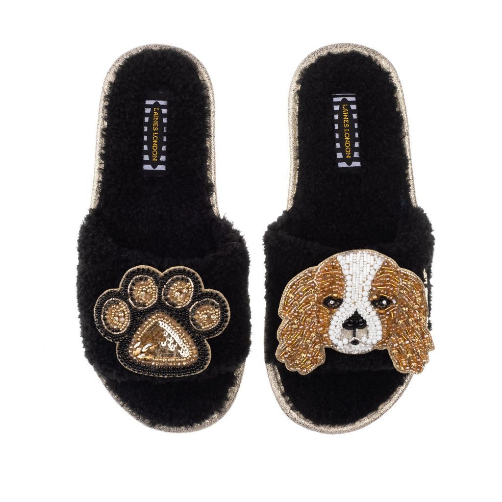 Teddy Towelling Slipper Sliders With Lady Spaniel & Paw Brooches - Black Small LAINES LONDON