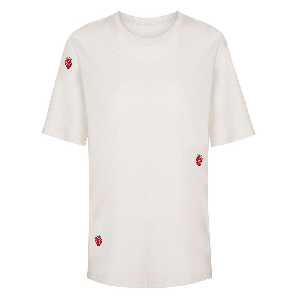 White / Red Strawberry Embroidered Recycled T-Shirt White Women Medium INGMARSON