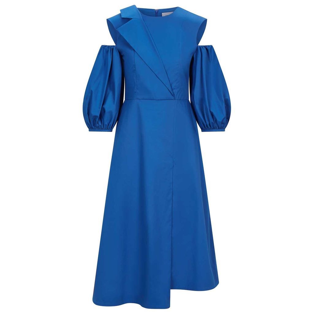 Women's Asymmetric Lapel A-Line Cotton Dress - Sapphire Blue Extra Small Femponiq