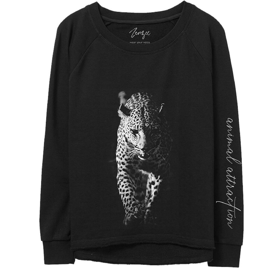 Women's Black / White Leopard Animal Print Crewneck Sweatshirt Small Zenzee