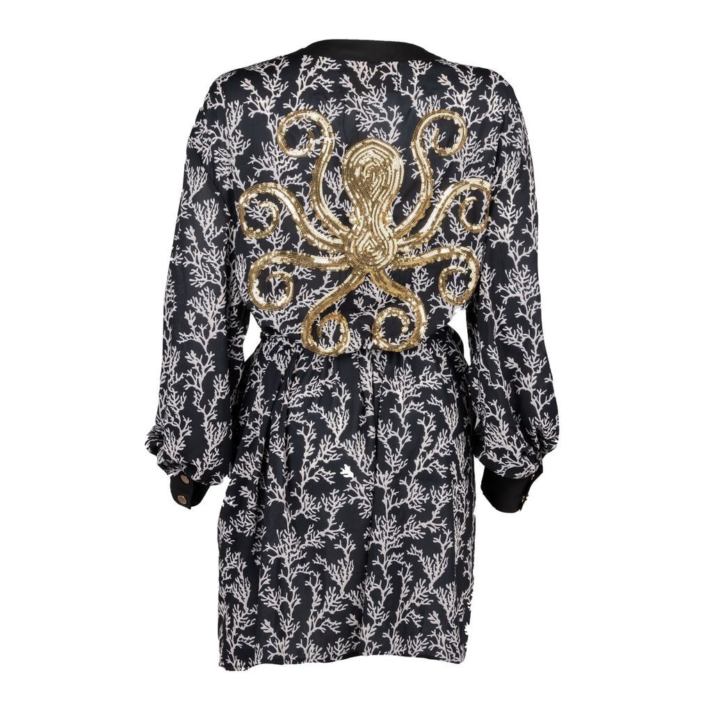 Women's Black & White Coral Kimono With Gold Octopus Embellishment One Size LAINES LONDON