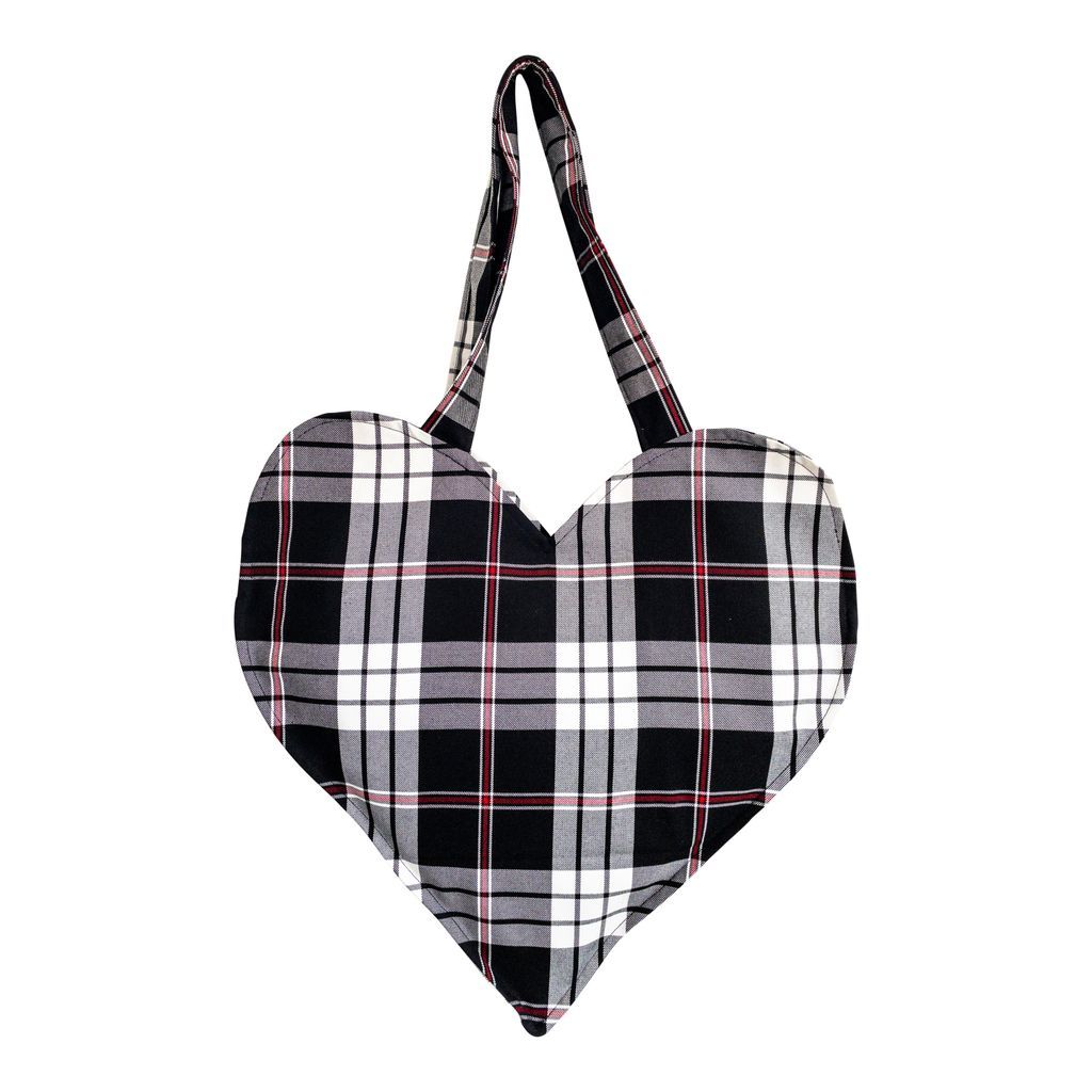 Women's Black & White Tartan Check Vintage Fabric Print Heart Shaped Tote Bag One Size Studio Courtenay