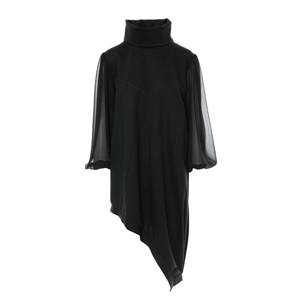 Women's Black Asymmetrical Dress With Veil Sleeves & Detachable Collar S/M Silvia Serban