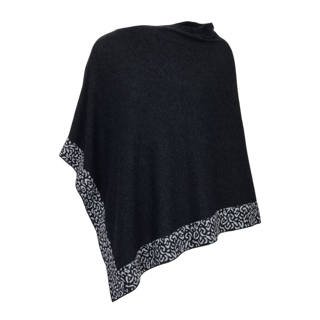 Women's Black Cashmere Poncho Charcoal Grey With Leopard Trim One Size At Last...