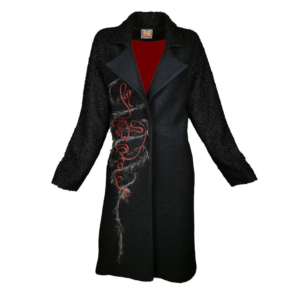 Women's Black Felt Coat With Embroidery Details & Raglan Sleeves Small Lalipop Design