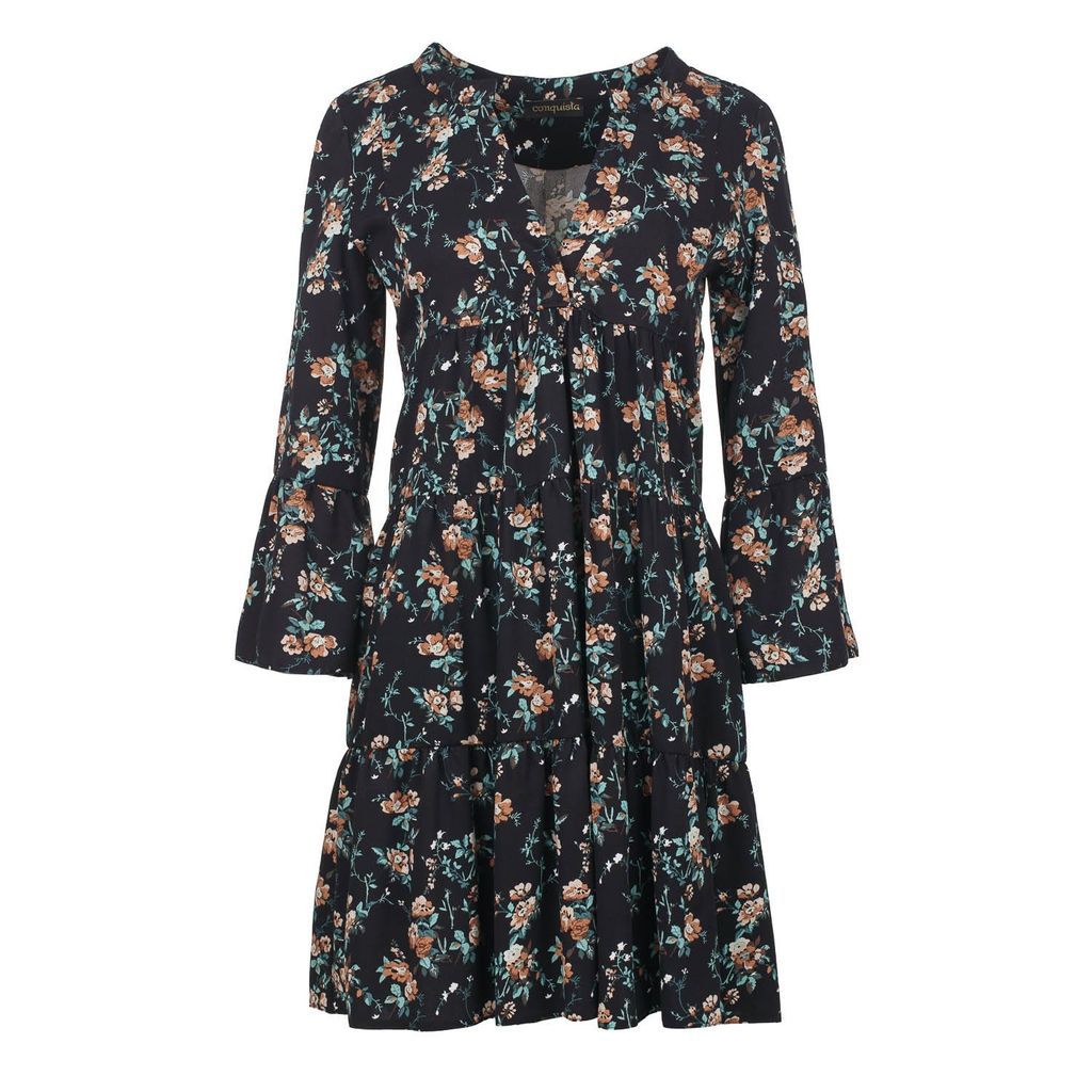 Women's Black Floral A Line Dress With Bell Sleeves Small Conquista