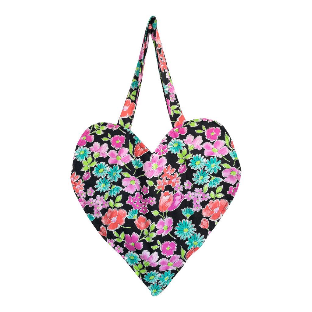 Women's Black Floral Vintage Fabric Print Heart Shaped Tote Bag One Size Studio Courtenay