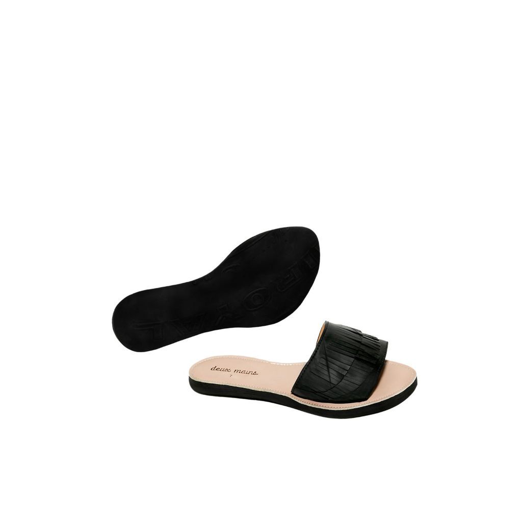 Women's Black Fringe Slide Leather Sandal 3 Uk Deux Mains