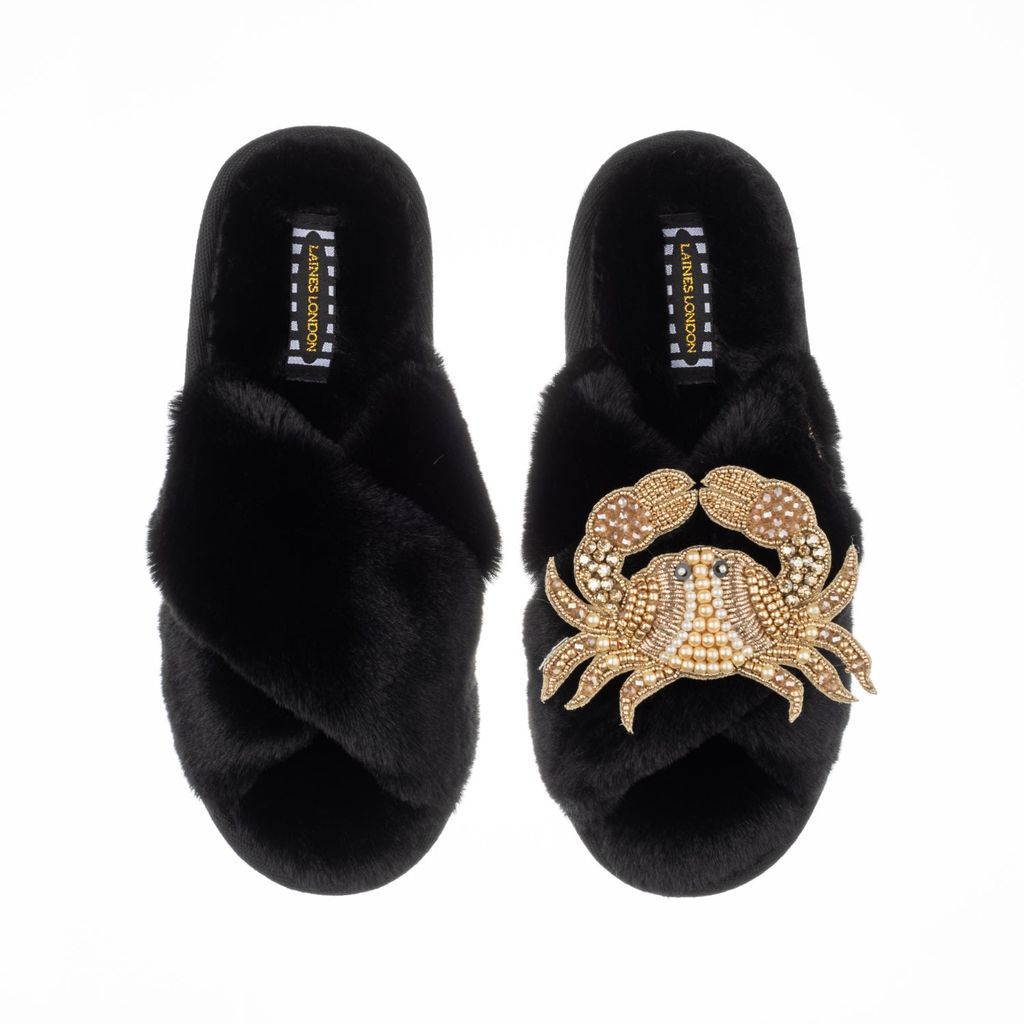 Women's Classic Laines Slippers With Artisan Gold Crab - Black Small LAINES LONDON