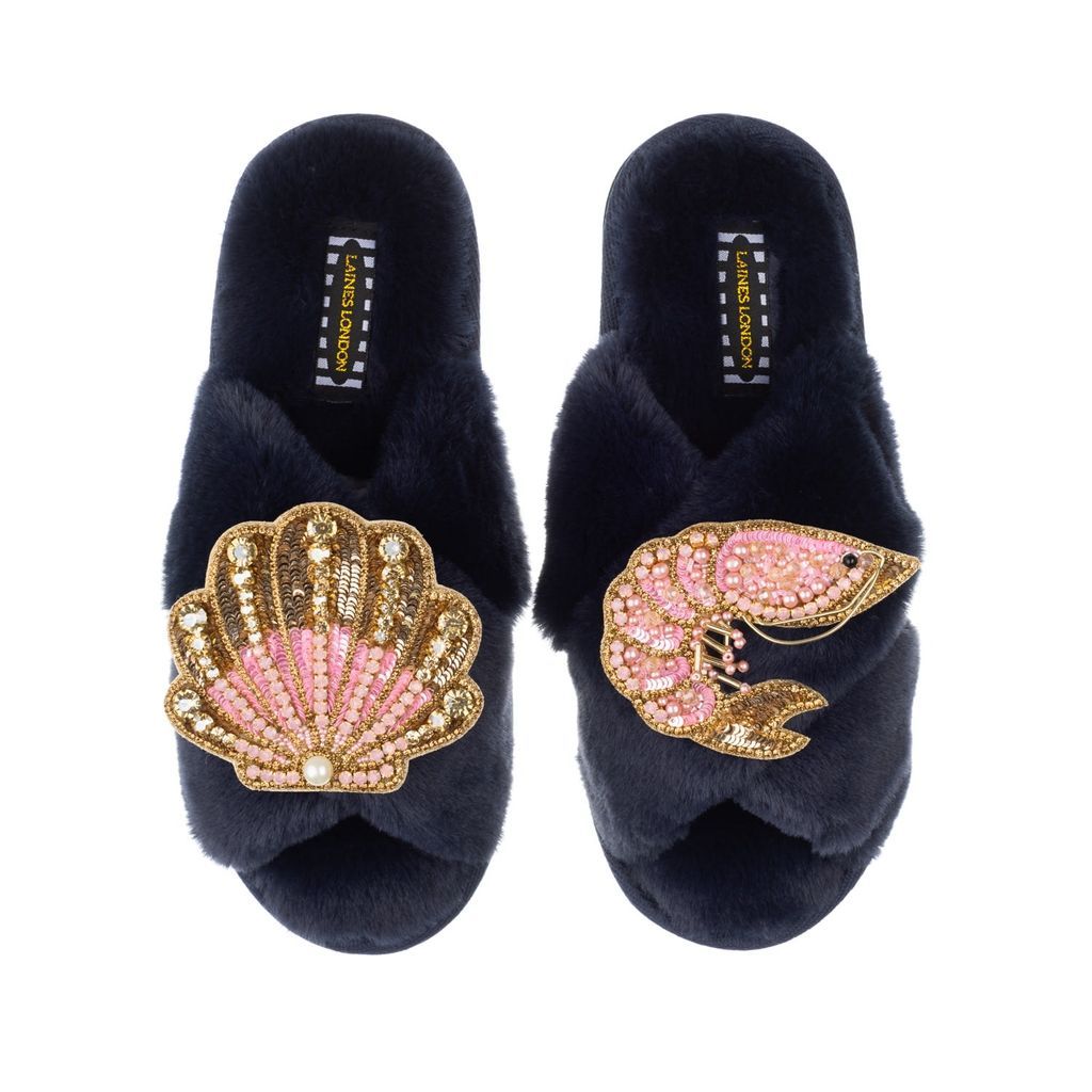 Women's Blue Classic Laines Slippers With Artisan Pink Prawn & Pink & Gold Shell - Navy Small LAINES LONDON