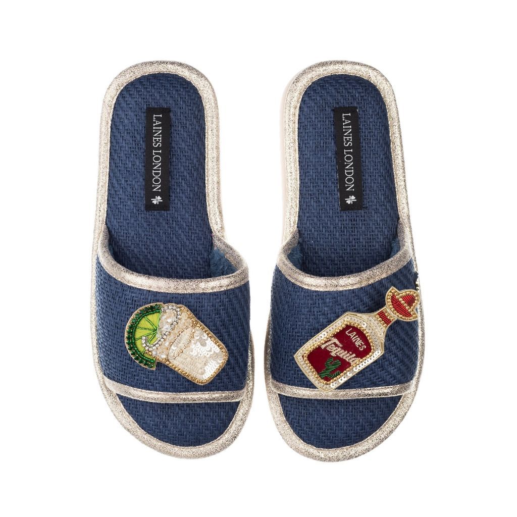 Women's Blue Straw Braided Sandals With Handmade Tequila Slammer Brooches - Navy Small LAINES LONDON