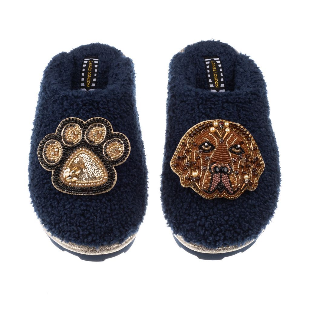 Women's Blue Teddy Towelling Closed Toe Slippers With Rocco & Paw Brooch - Navy Small LAINES LONDON