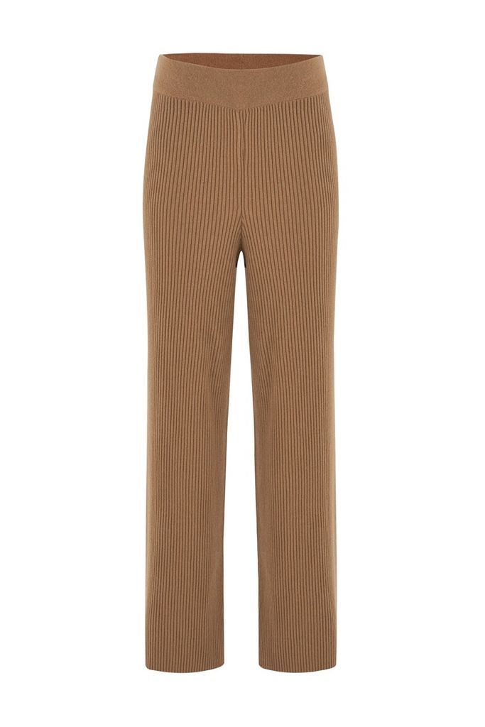 Women's Brown Cashmere Mix Straight Cut Knit Trousers - Camel Small Peraluna