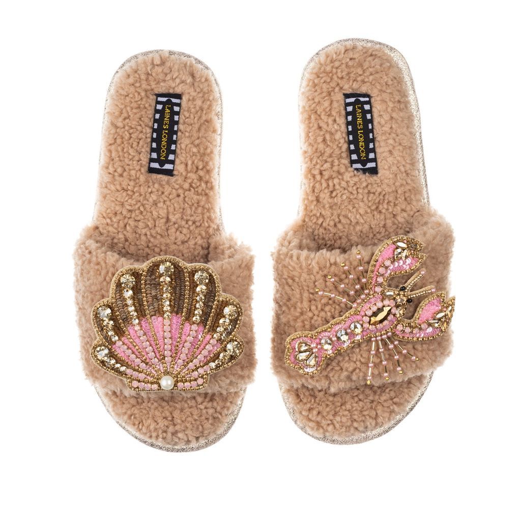 Women's Brown Teddy Towelling Slipper Sliders With Pink Lobster & Pink & Gold Shell Brooches - Toffee Small LAINES LONDON