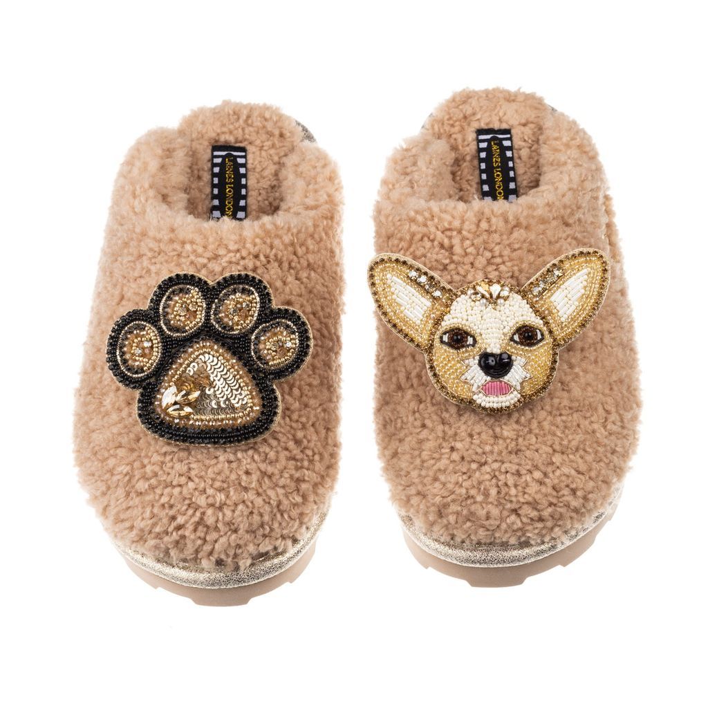 Women's Brown Teddy Towelling Closed Toe Slippers With Princess Chihuahua & Paw Brooches - Toffee Small LAINES LONDON