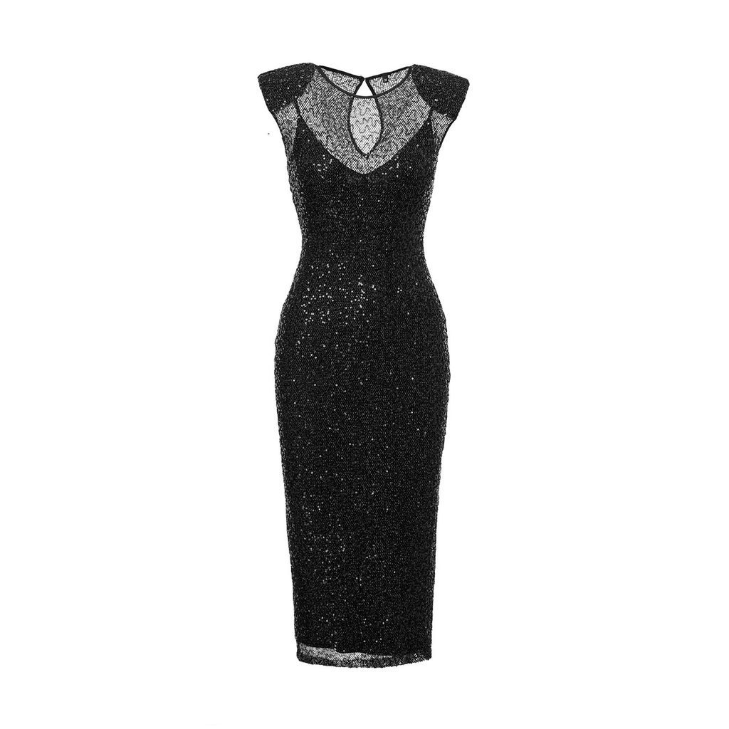 Women's Black Sequined Mesh Midi Dress Xxs Nissa