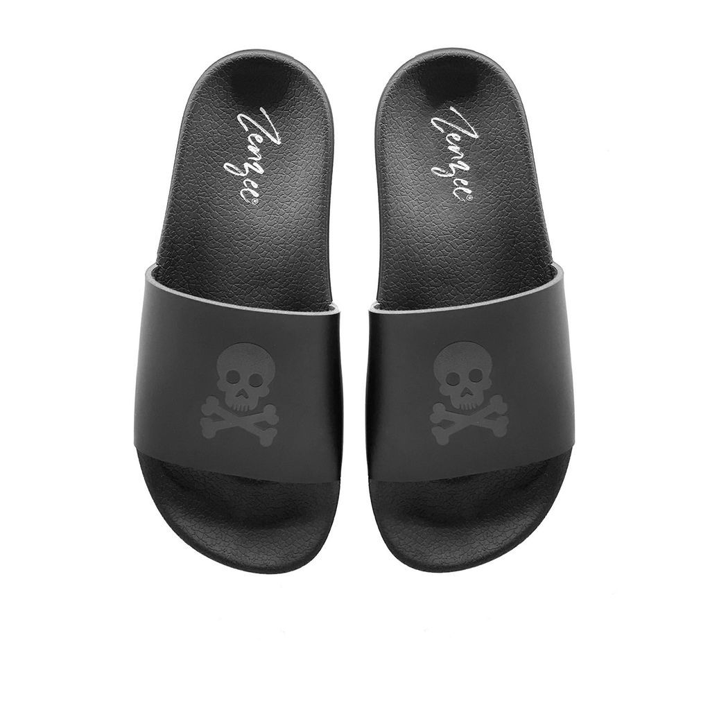 Women's Black Skull & Crossbones Slide Sandals 3 Uk Zenzee