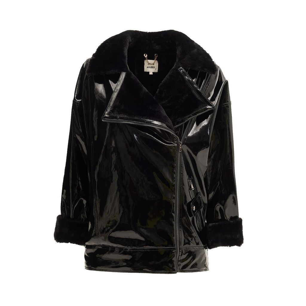 Women's Black Vinyl Faux Fur Lined Aviator Jacket Small Julia Allert