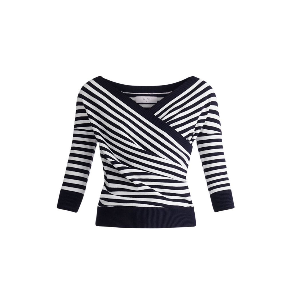 Women's Blue / White Knitted Wrap Top - White & Navy Small PAISIE