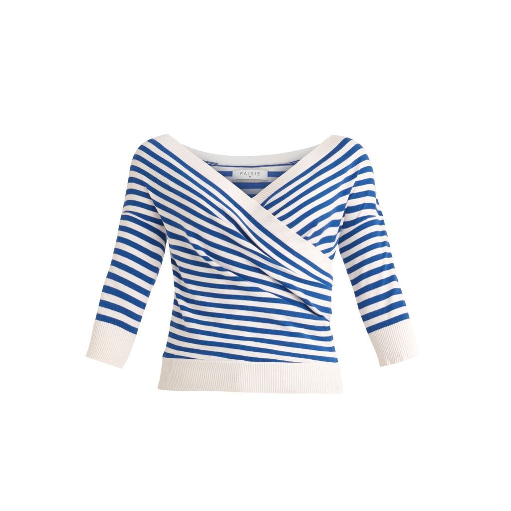 Women's Blue / White Knitted Wrap Top With 3/4 Sleeves In Marine Blue And White Small PAISIE