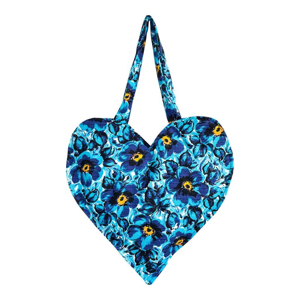 Women's Blue & Yellow Floral Vintage Fabric Print Heart Shaped Tote Bag One Size Studio Courtenay