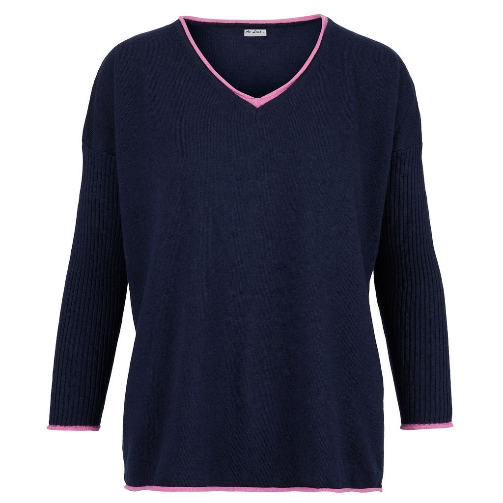 Women's Blue Cashmere Mix Sweater In Navy With Pink V-Neck One Size At Last...