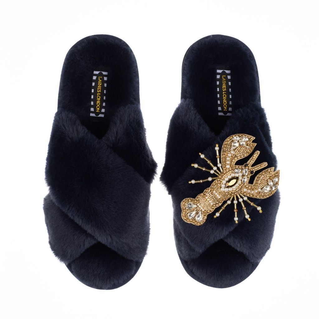 Women's Blue Classic Laines Slippers With Artisan Gold Lobster Brooch - Navy Small LAINES LONDON