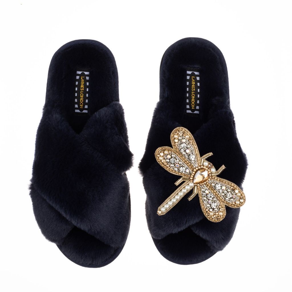 Women's Blue Classic Laines Slippers With Artisan Gold, Silver & Pearl Dragonfly Brooch - Navy Small LAINES LONDON