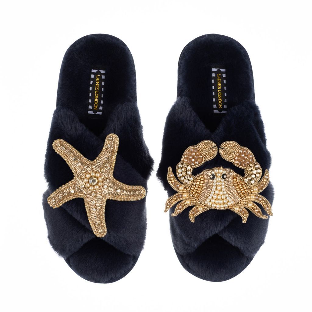 Women's Blue Classic Laines Slippers With Artisan Gold Starfish & Crab Brooches - Navy Small LAINES LONDON